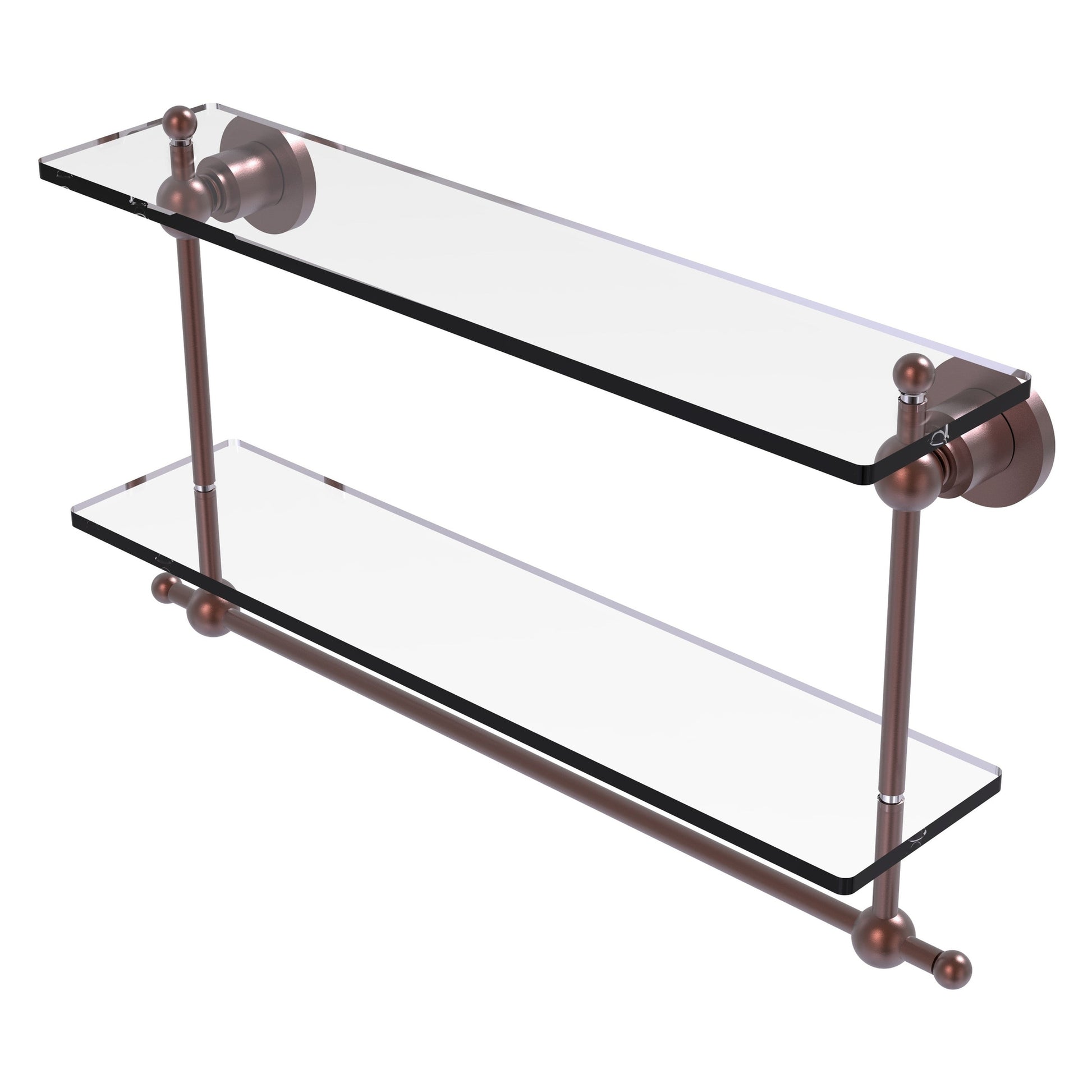Allied Brass Astor Place 22" x 5" Antique Copper Solid Brass Two-Tiered Glass Shelf With Integrated Towel Bar