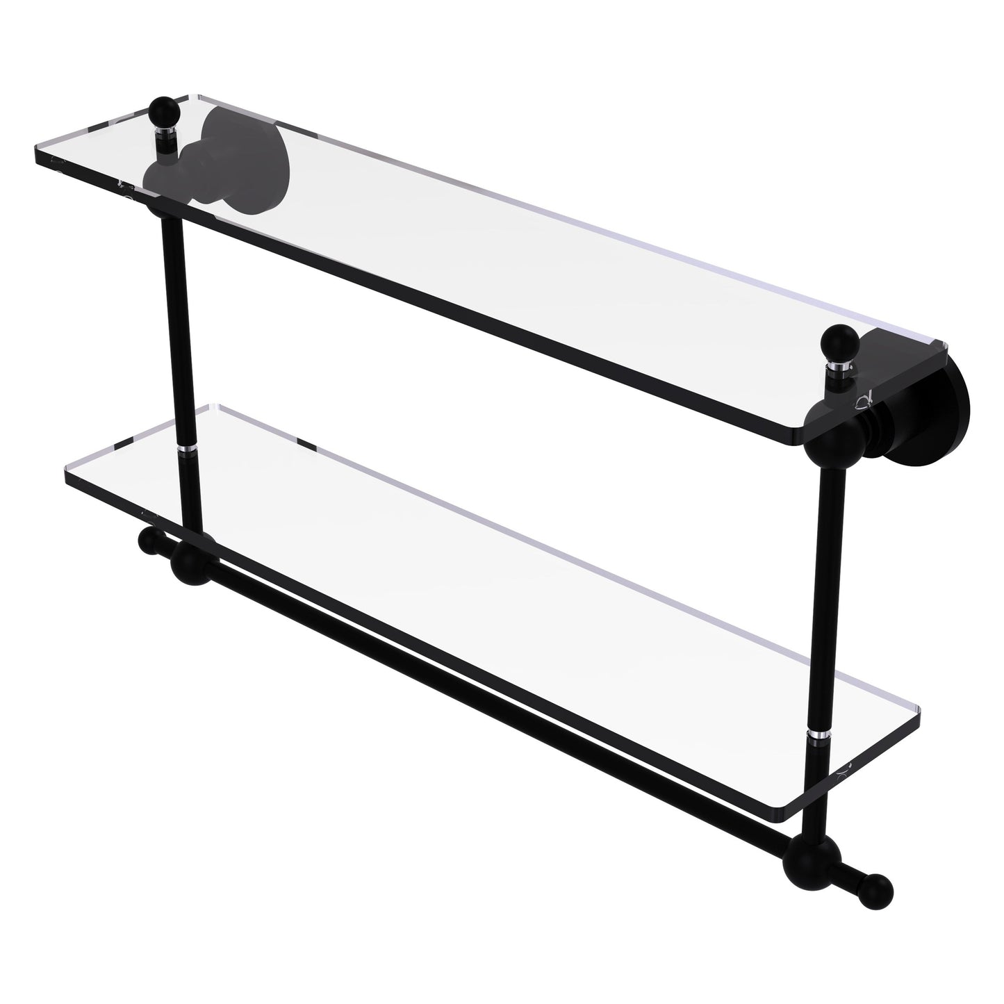 Allied Brass Astor Place 22" x 5" Matte Black Solid Brass Two-Tiered Glass Shelf With Integrated Towel Bar