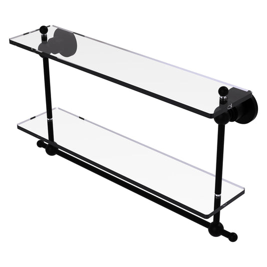 Allied Brass Astor Place 22" x 5" Matte Black Solid Brass Two-Tiered Glass Shelf With Integrated Towel Bar