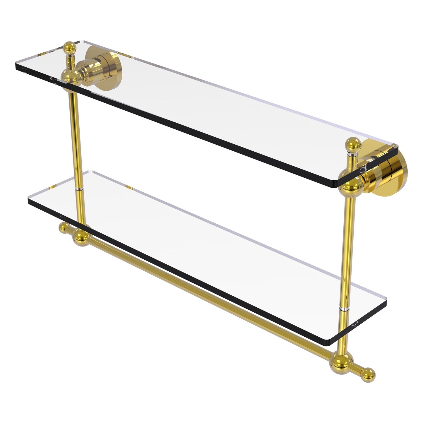 Allied Brass Astor Place 22" x 5" Polished Brass Solid Brass Two-Tiered Glass Shelf With Integrated Towel Bar