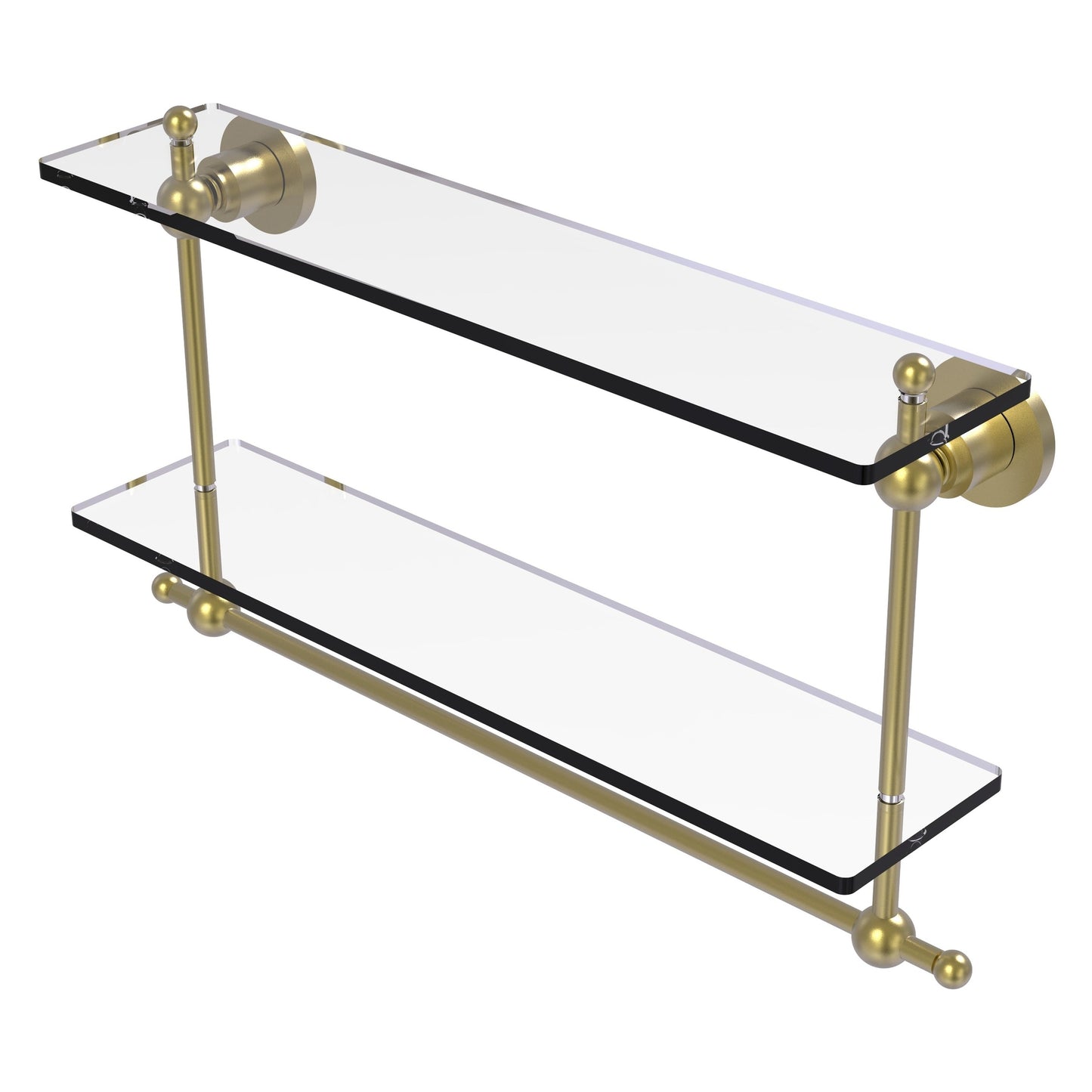 Allied Brass Astor Place 22" x 5" Satin Brass Solid Brass Two-Tiered Glass Shelf With Integrated Towel Bar