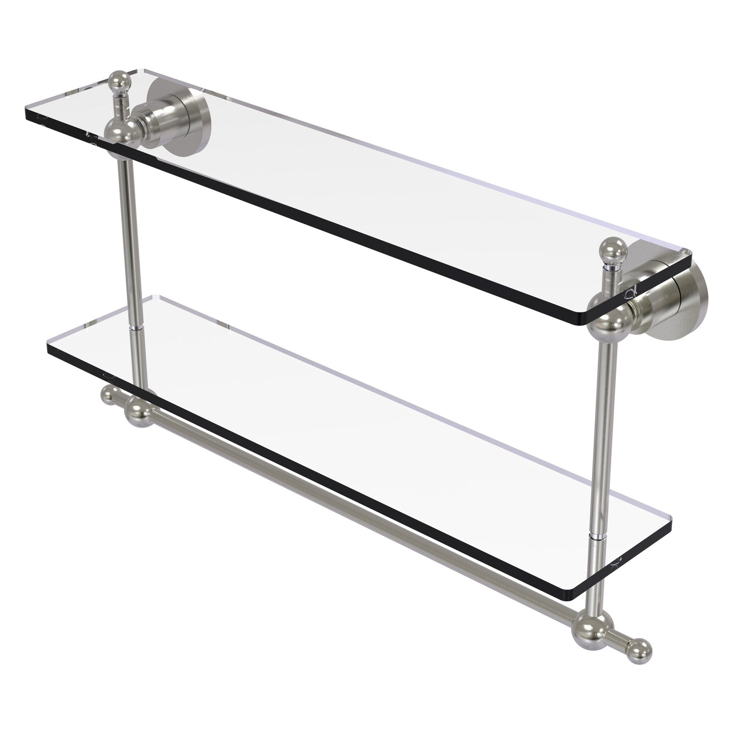 Allied Brass Astor Place 22" x 5" Satin Nickel Solid Brass Two-Tiered Glass Shelf With Integrated Towel Bar