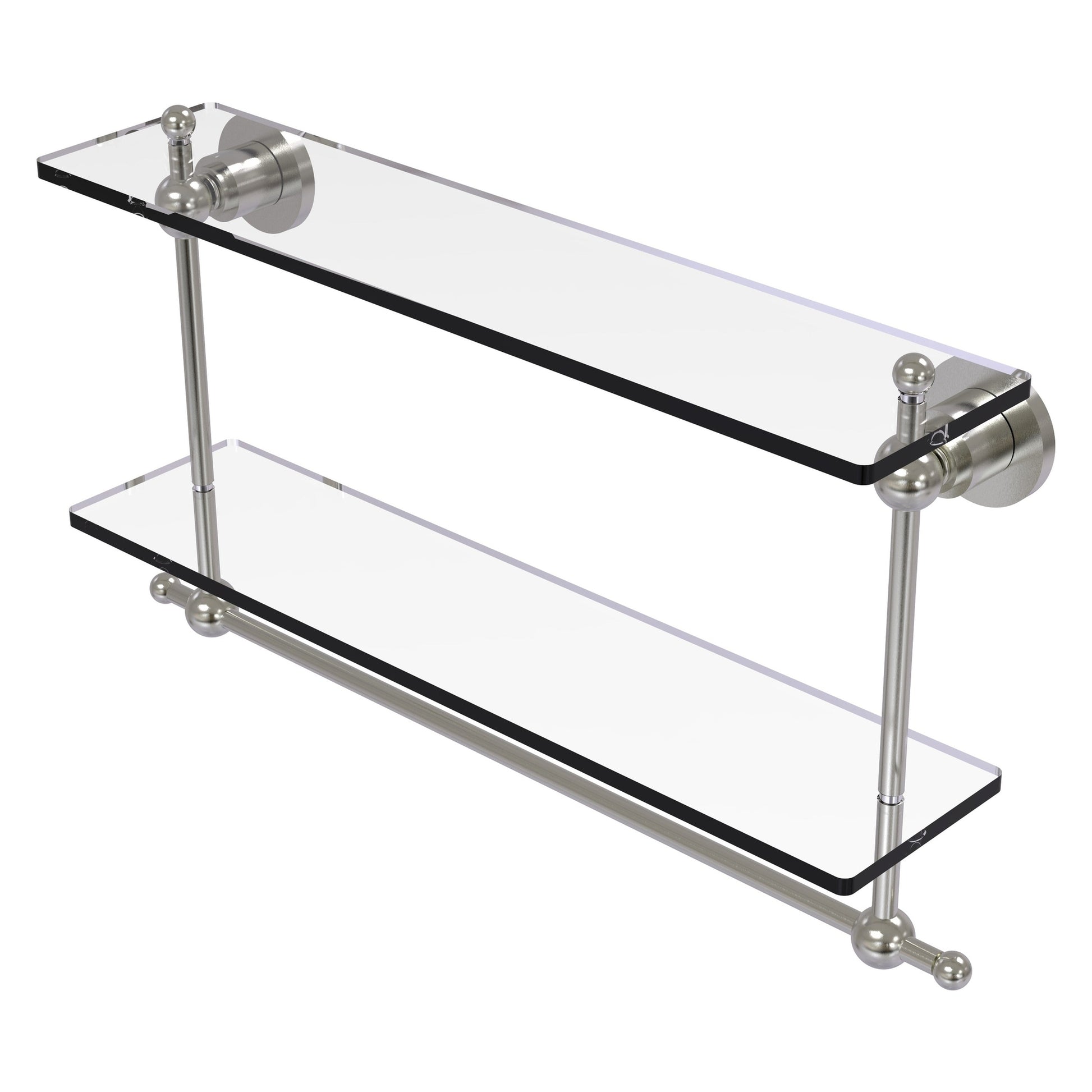 Allied Brass Astor Place 22" x 5" Satin Nickel Solid Brass Two-Tiered Glass Shelf With Integrated Towel Bar
