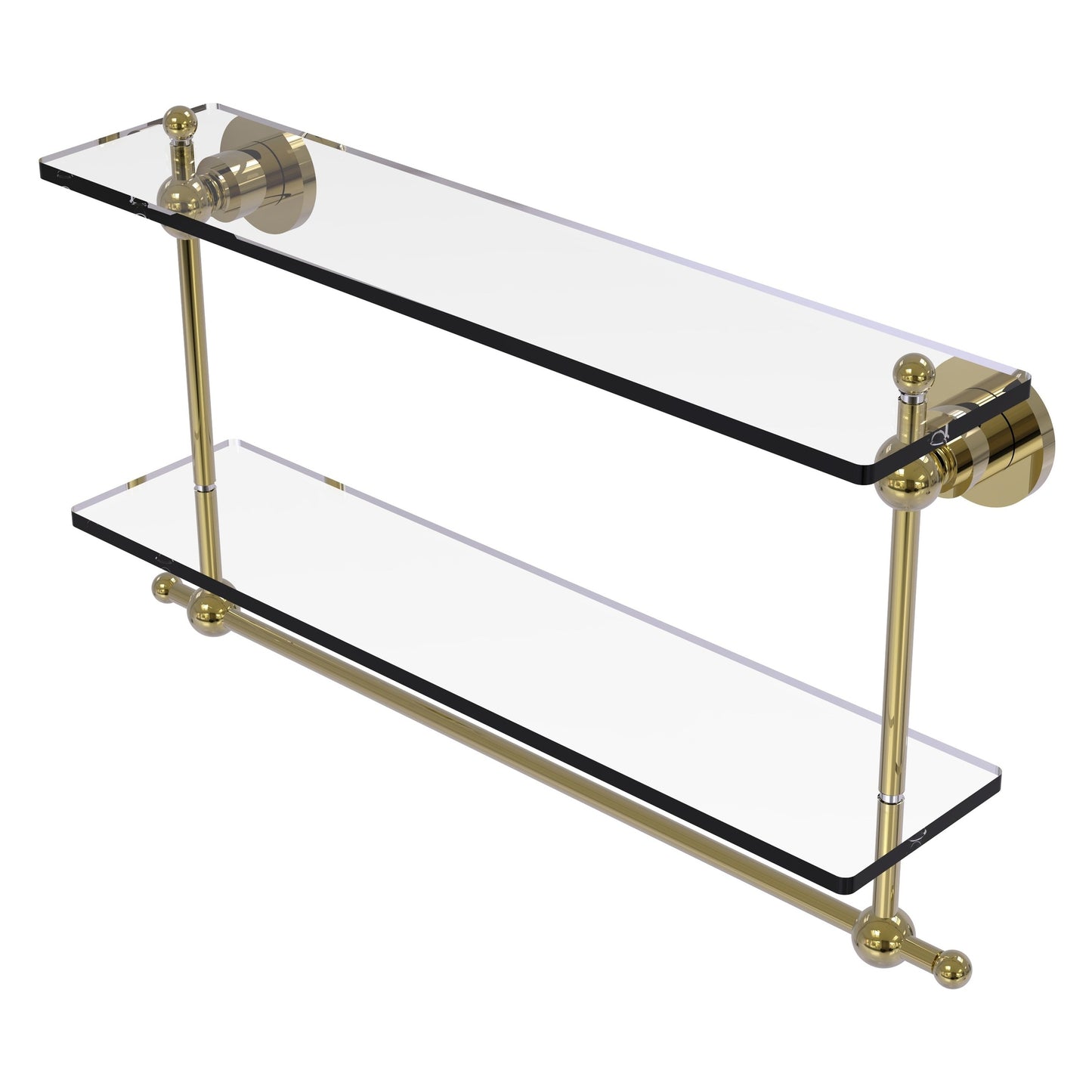 Allied Brass Astor Place 22" x 5" Unlacquered Brass Solid Brass Two-Tiered Glass Shelf With Integrated Towel Bar