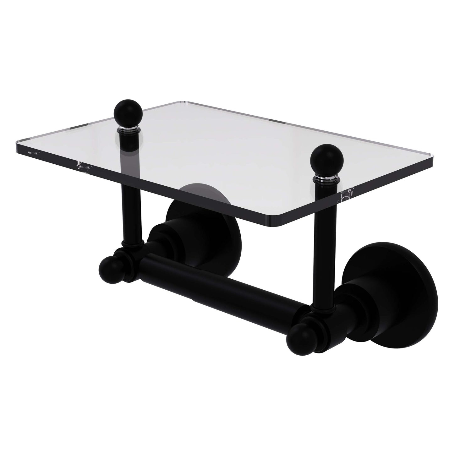Allied Brass Astor Place 9.22" x 6" Matte Black Solid Brass Two-Post Toilet Tissue Holder With Glass Shelf