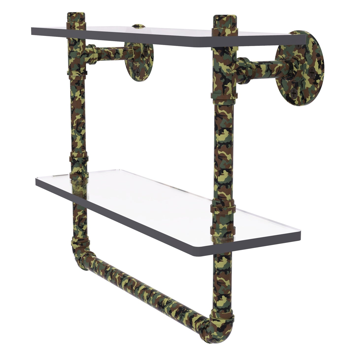 Allied Brass Camo 16" x 5.6" Military Camo Solid Brass Double Glass Shelf With Towel Bar