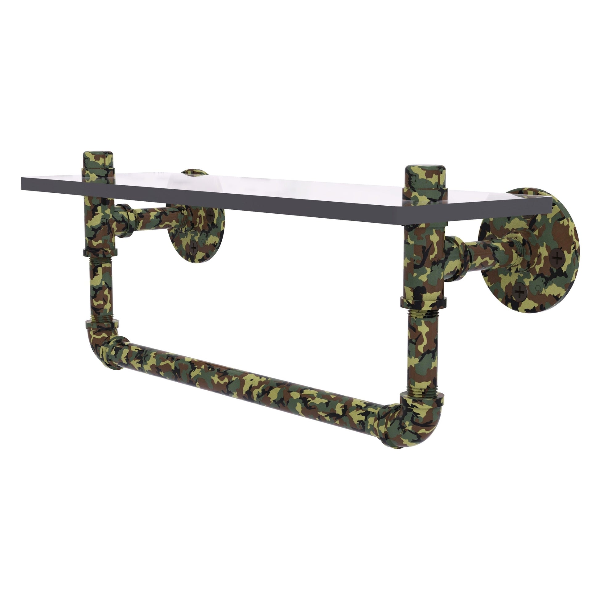 Allied Brass Camo 16" x 5.6" Military Camo Solid Brass Glass Shelf With Towel Bar