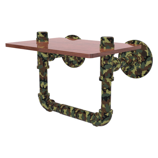 Allied Brass Camo 8.3" x 5.2" Military Camo Solid Brass Toilet Paper Holder With Wood Shelf
