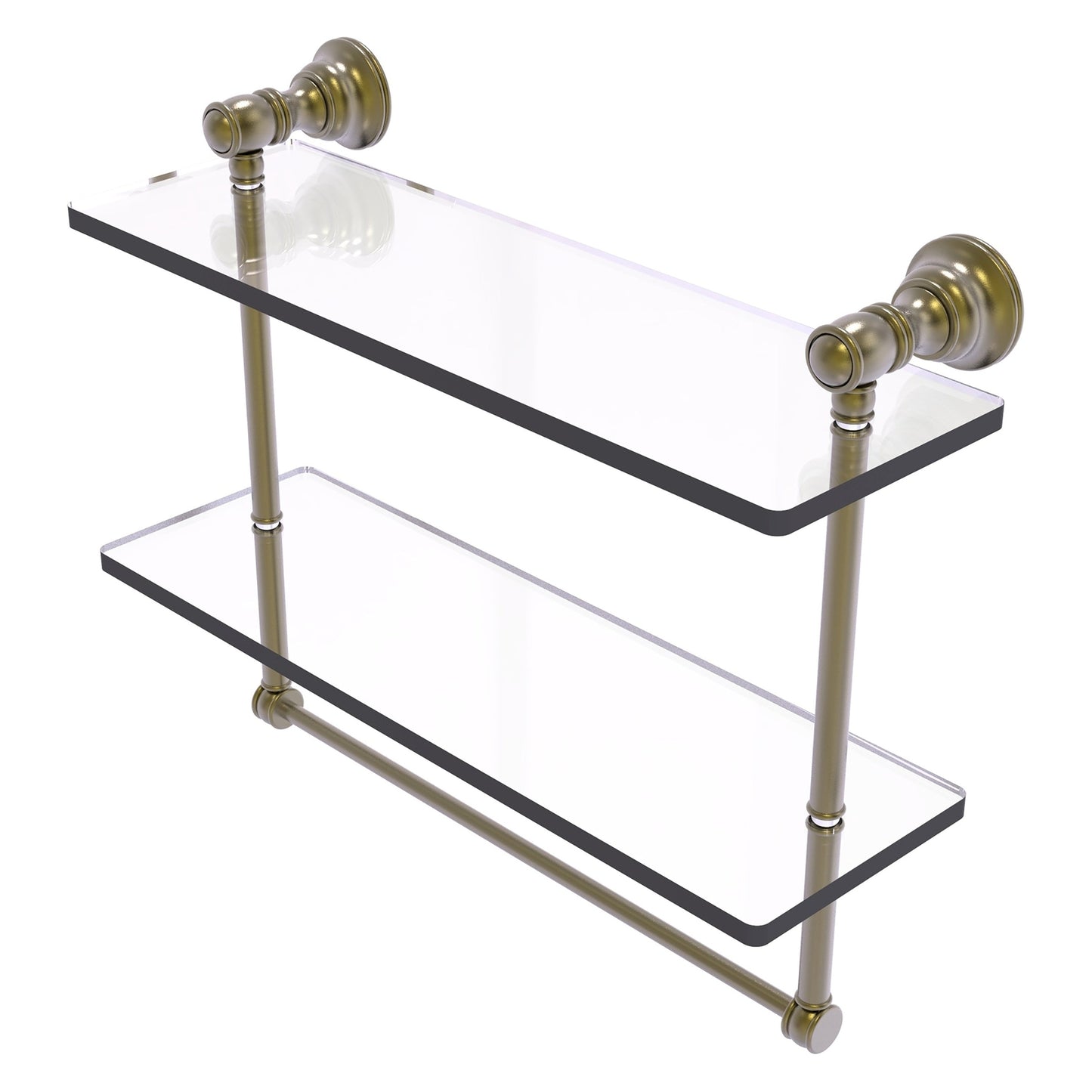Allied Brass Carolina 16" x 5.54" Antique Brass Solid Brass Double Glass Shelf With Towel Bar