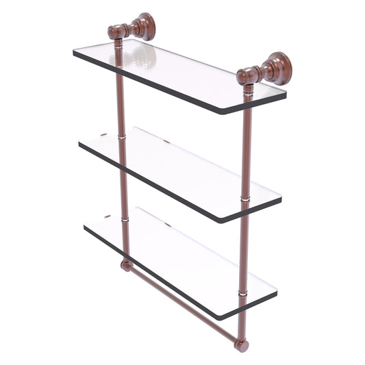 Allied Brass Carolina 16" x 5.54" Antique Copper Solid Brass Triple Glass Shelf With Towel Bar