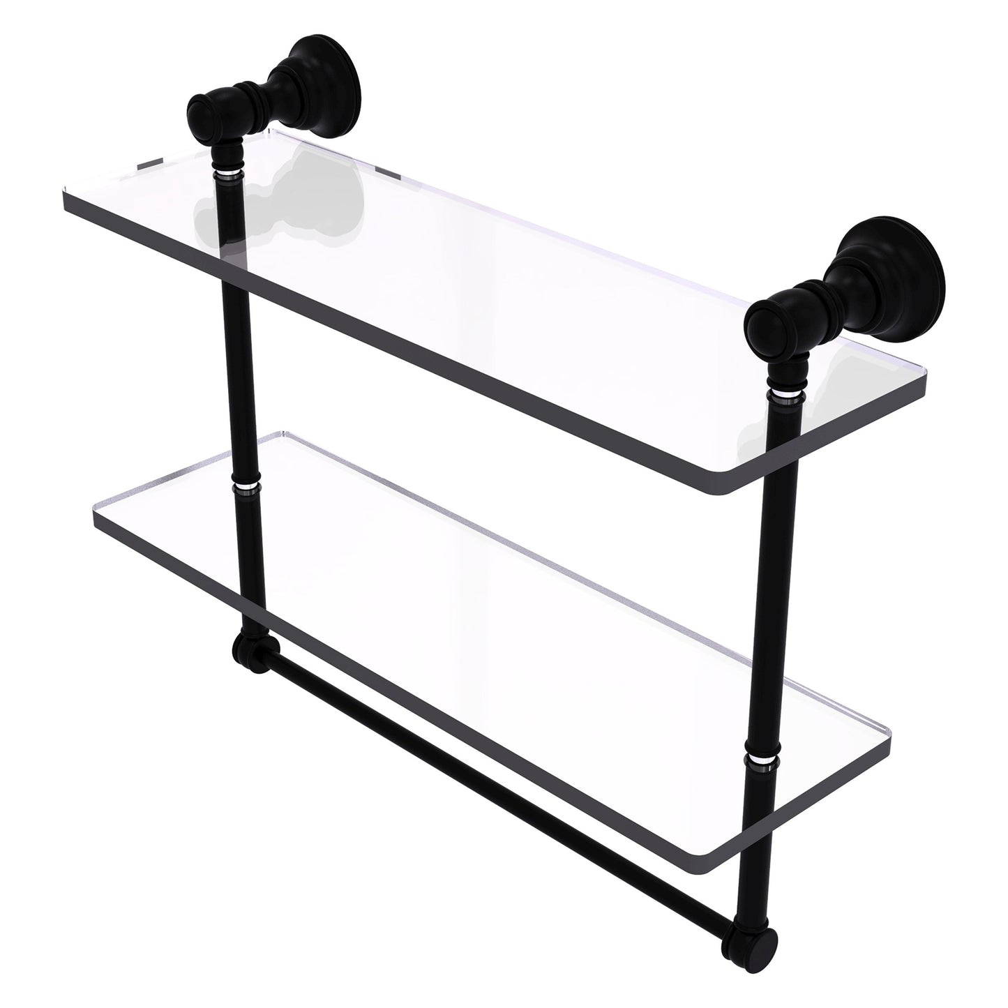 Allied Brass Carolina 16" x 5.54" Matte Black Solid Brass Double Glass Shelf With Towel Bar