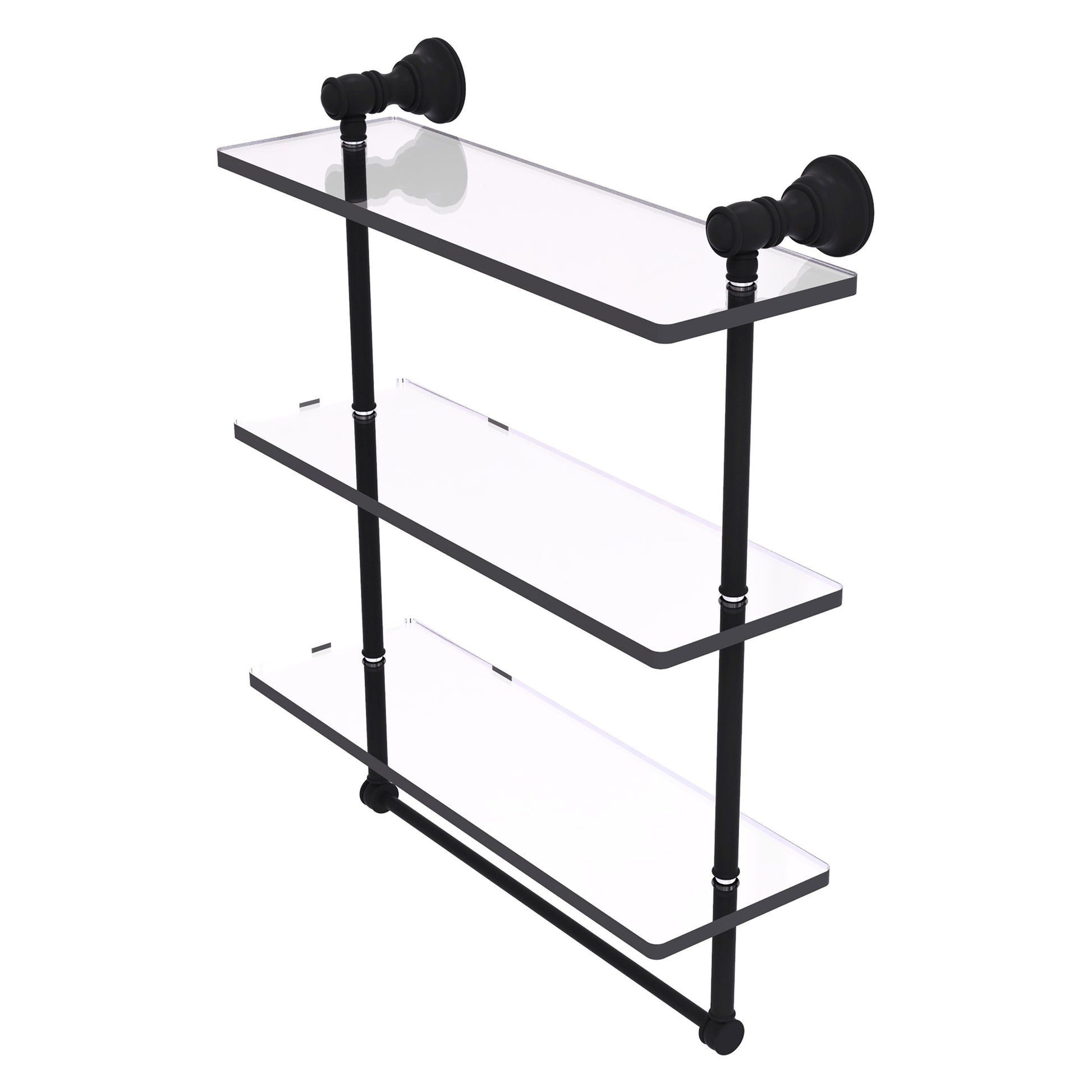 Allied Brass Carolina 16" x 5.54" Matte Black Solid Brass Triple Glass Shelf With Towel Bar