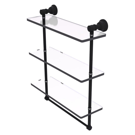 Allied Brass Carolina 16" x 5.54" Matte Black Solid Brass Triple Glass Shelf With Towel Bar