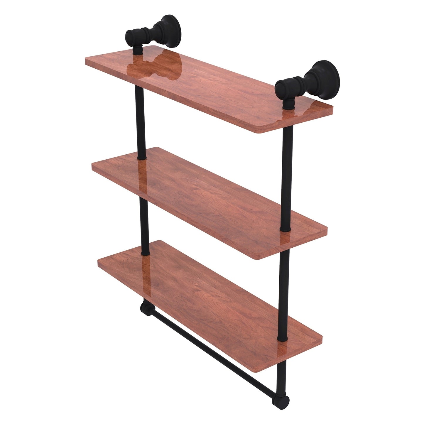 Allied Brass Carolina 16" x 5.54" Matte Black Solid Brass Triple Wood Shelf With Towel Bar