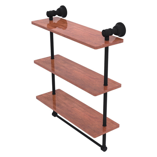 Allied Brass Carolina 16" x 5.54" Matte Black Solid Brass Triple Wood Shelf With Towel Bar