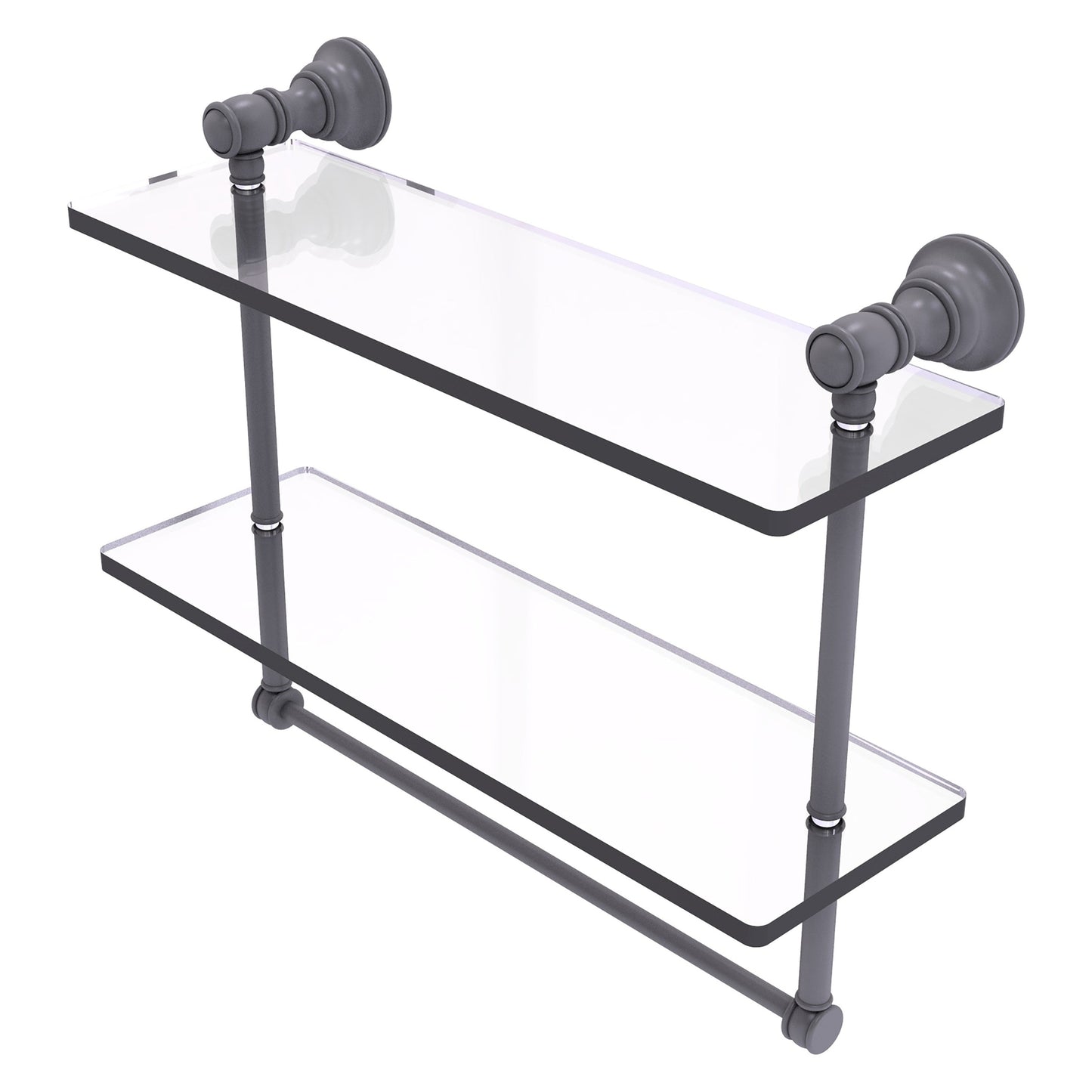 Allied Brass Carolina 16" x 5.54" Matte Gray Solid Brass Double Glass Shelf With Towel Bar