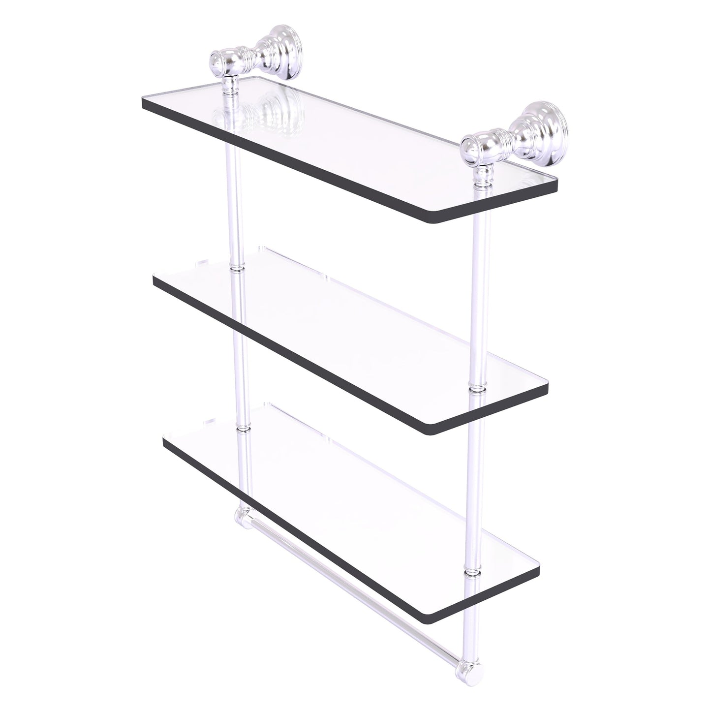 Allied Brass Carolina 16" x 5.54" Satin Chrome Solid Brass Triple Glass Shelf With Towel Bar