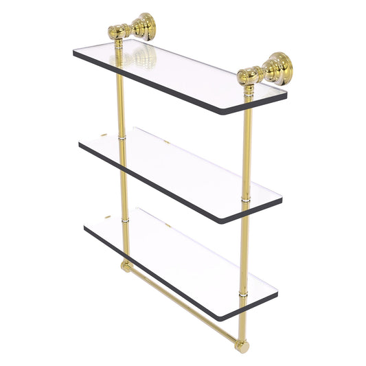 Allied Brass Carolina 16" x 5.54" Unlacquered Brass Solid Brass Triple Glass Shelf With Towel Bar