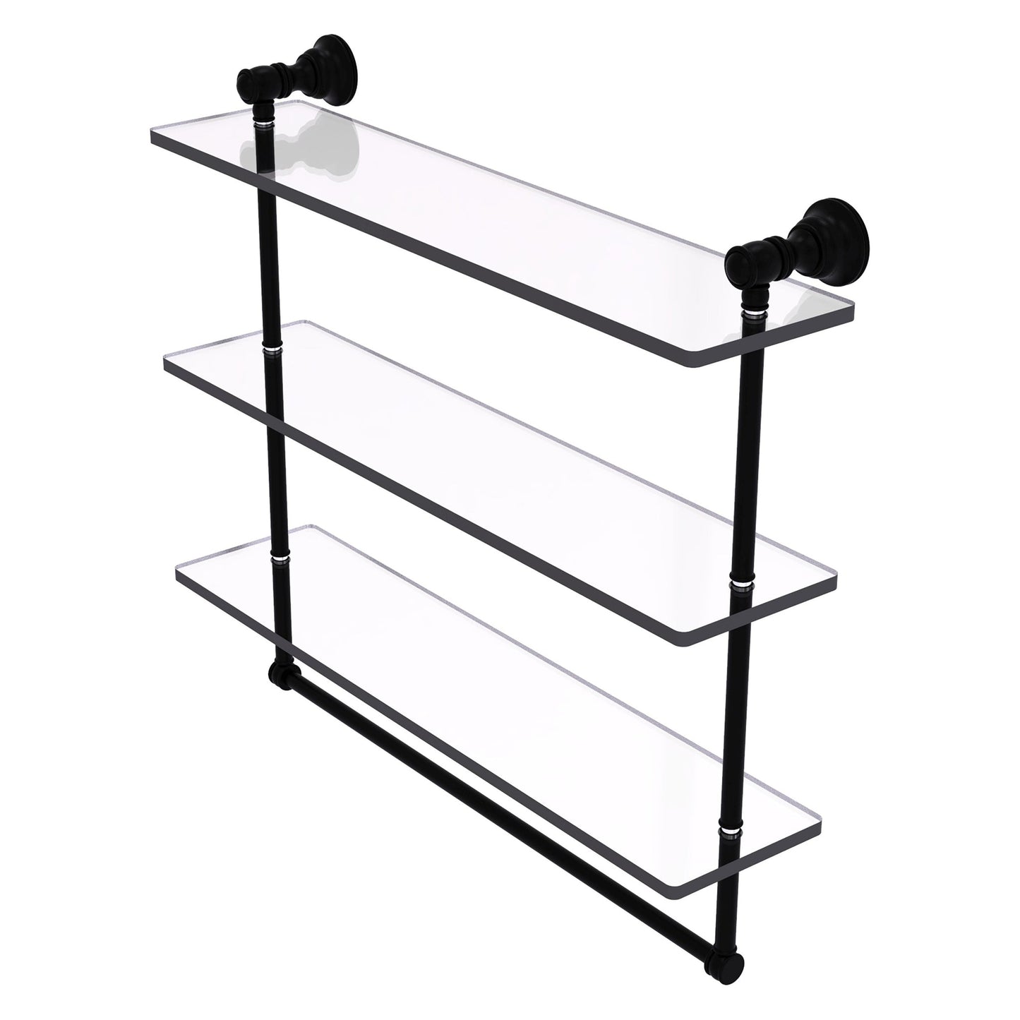 Allied Brass Carolina 22" x 5.54" Matte Black Solid Brass Triple Glass Shelf With Towel Bar