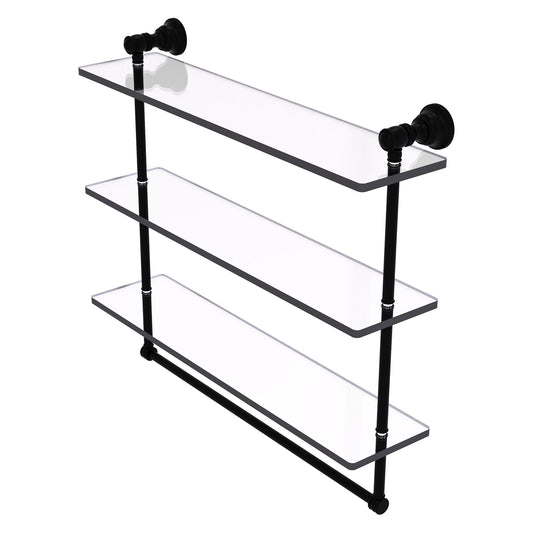 Allied Brass Carolina 22" x 5.54" Matte Black Solid Brass Triple Glass Shelf With Towel Bar