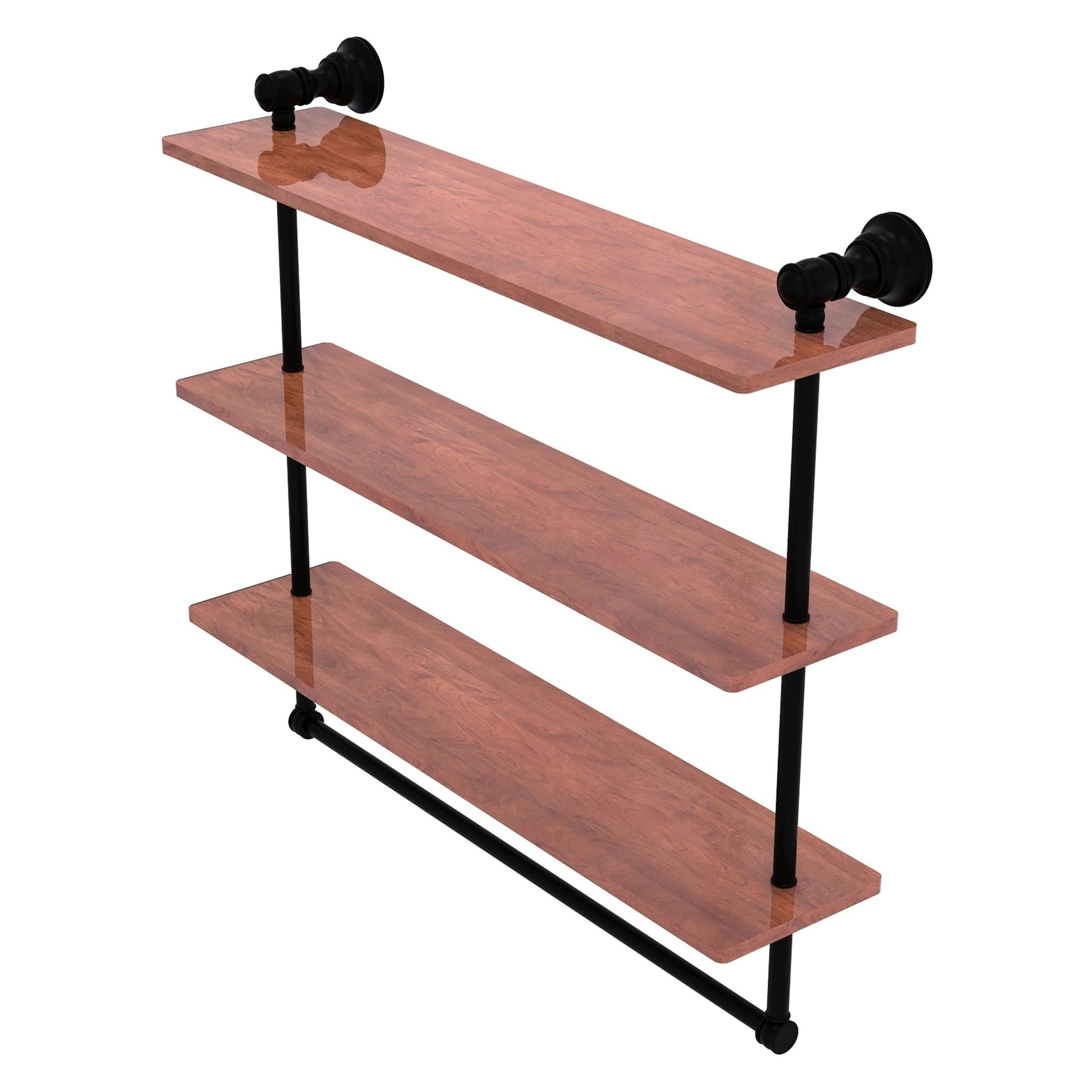 Allied Brass Carolina 22" x 5.54" Matte Black Solid Brass Triple Wood Shelf With Towel Bar