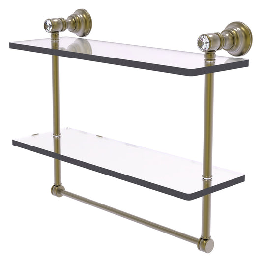 Allied Brass Carolina Crystal 16" x 5.54" Antique Brass Solid Brass Double Glass Shelf With Towel Bar