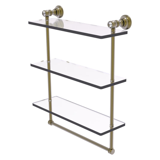Allied Brass Carolina Crystal 16" x 5.54" Antique Brass Solid Brass Triple Glass Shelf With Towel Bar