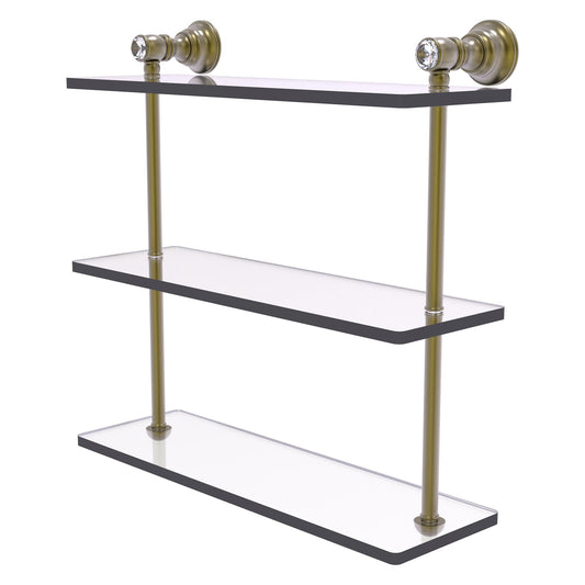 Allied Brass Carolina Crystal 16" x 5.54" Antique Brass Solid Brass Triple Glass Shelf