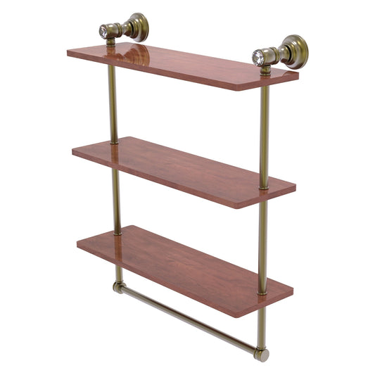 Allied Brass Carolina Crystal 16" x 5.54" Antique Brass Solid Brass Triple Wood Shelf With Towel Bar