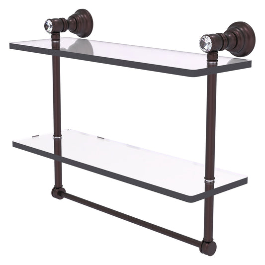 Allied Brass Carolina Crystal 16" x 5.54" Antique Bronze Solid Brass Double Glass Shelf With Towel Bar