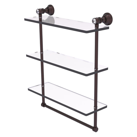 Allied Brass Carolina Crystal 16" x 5.54" Antique Bronze Solid Brass Triple Glass Shelf With Towel Bar