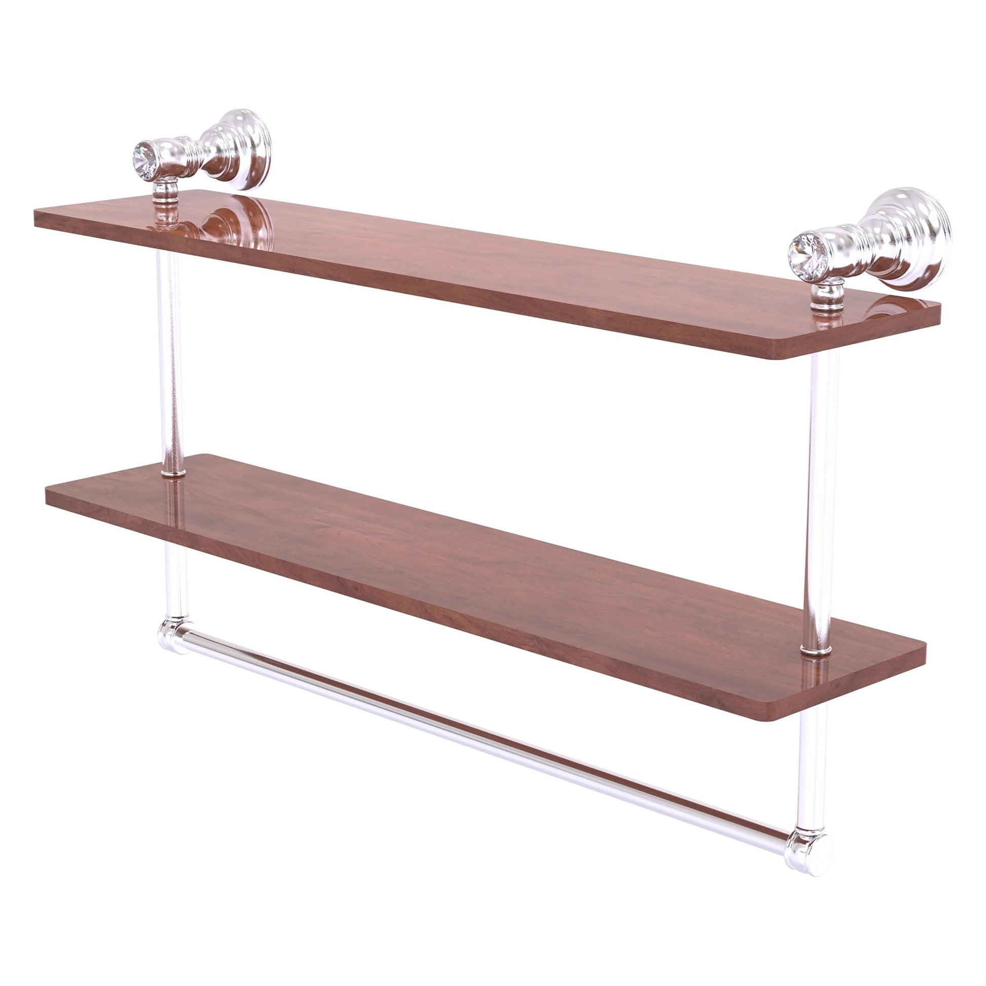 Allied Brass Carolina Crystal 22" x 5.6" Satin Chrome Solid Brass Double Wood Vanity Shelf With Integrated Towel Bar