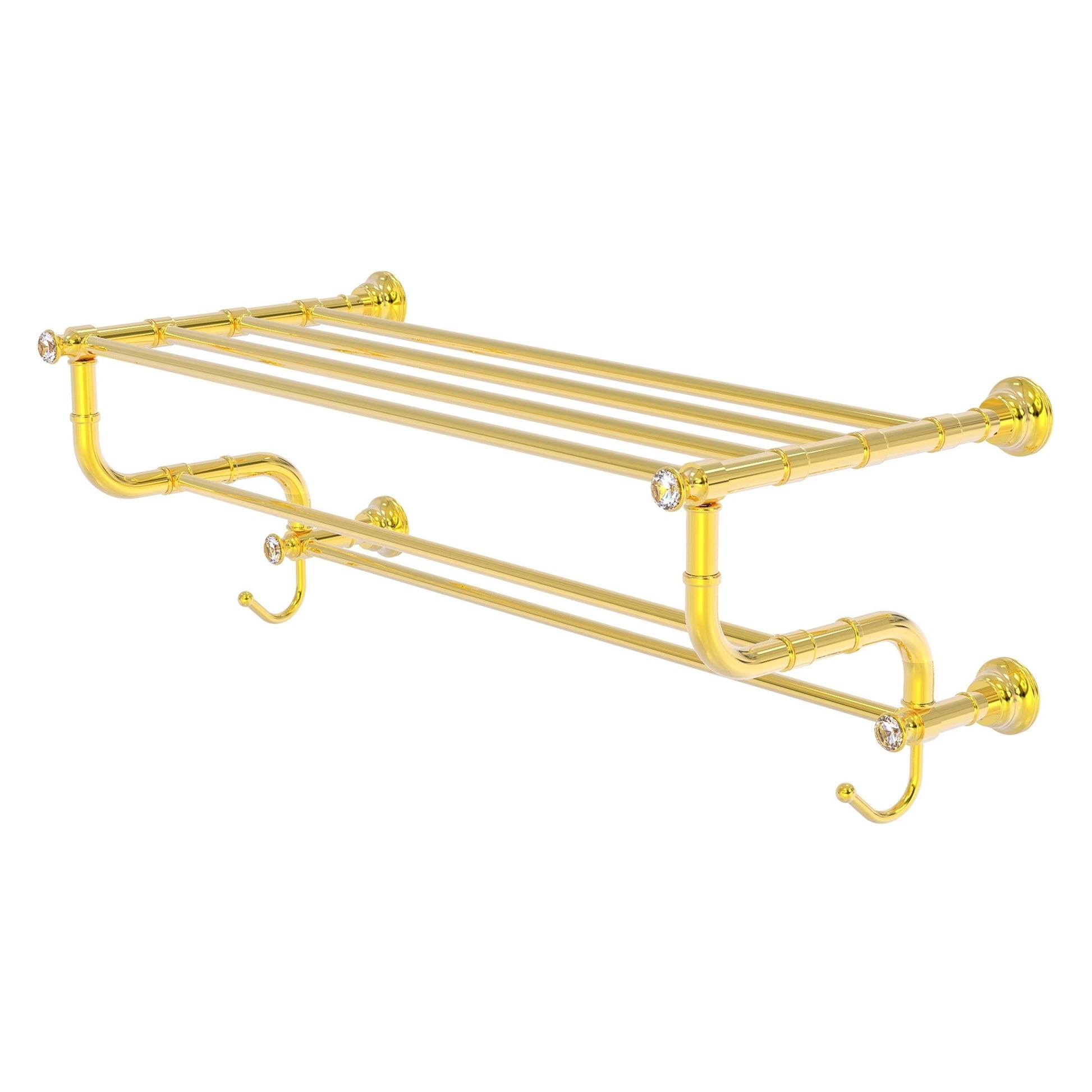 Allied Brass Carolina Crystal 26" x 12.5" Polished Brass Solid Brass Towel Shelf With Double Towel Bar