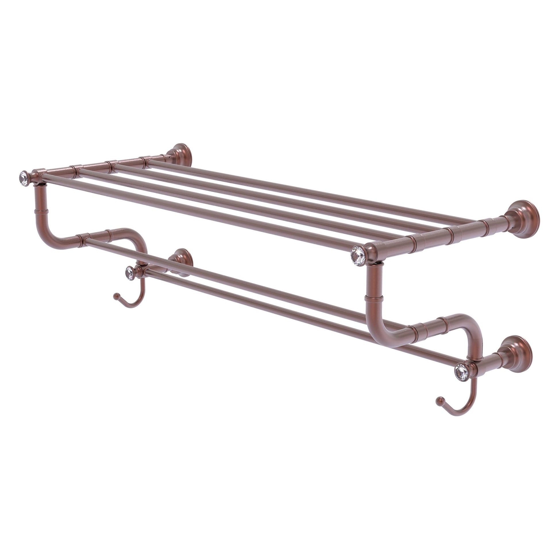 Allied Brass Carolina Crystal 32" x 12.5" Antique Copper Solid Brass Towel Shelf With Double Towel Bar