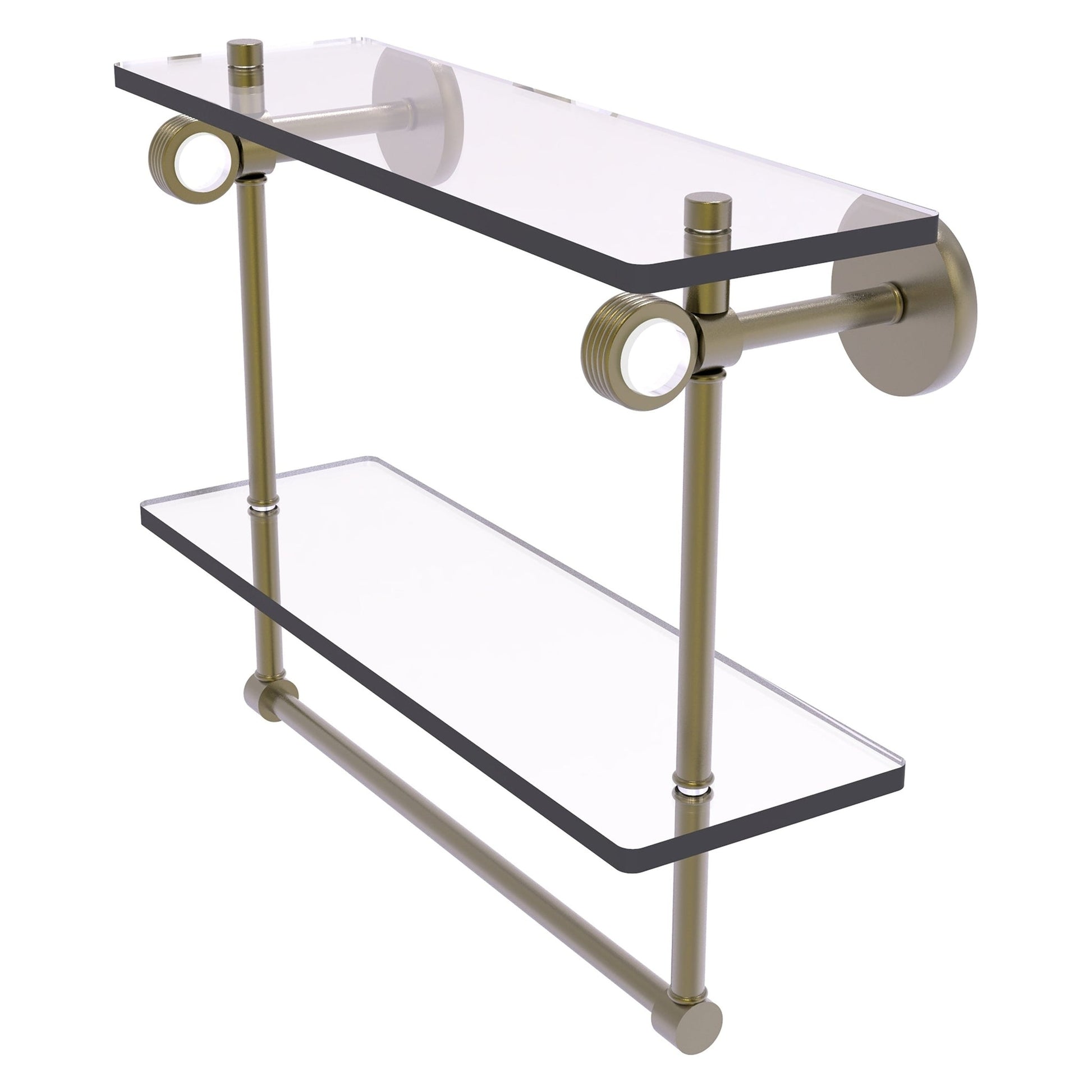 Allied Brass Clearview 16" x 5.6" Antique Brass Solid Brass Double Glass Shelf With Towel Bar and Grooved Accents