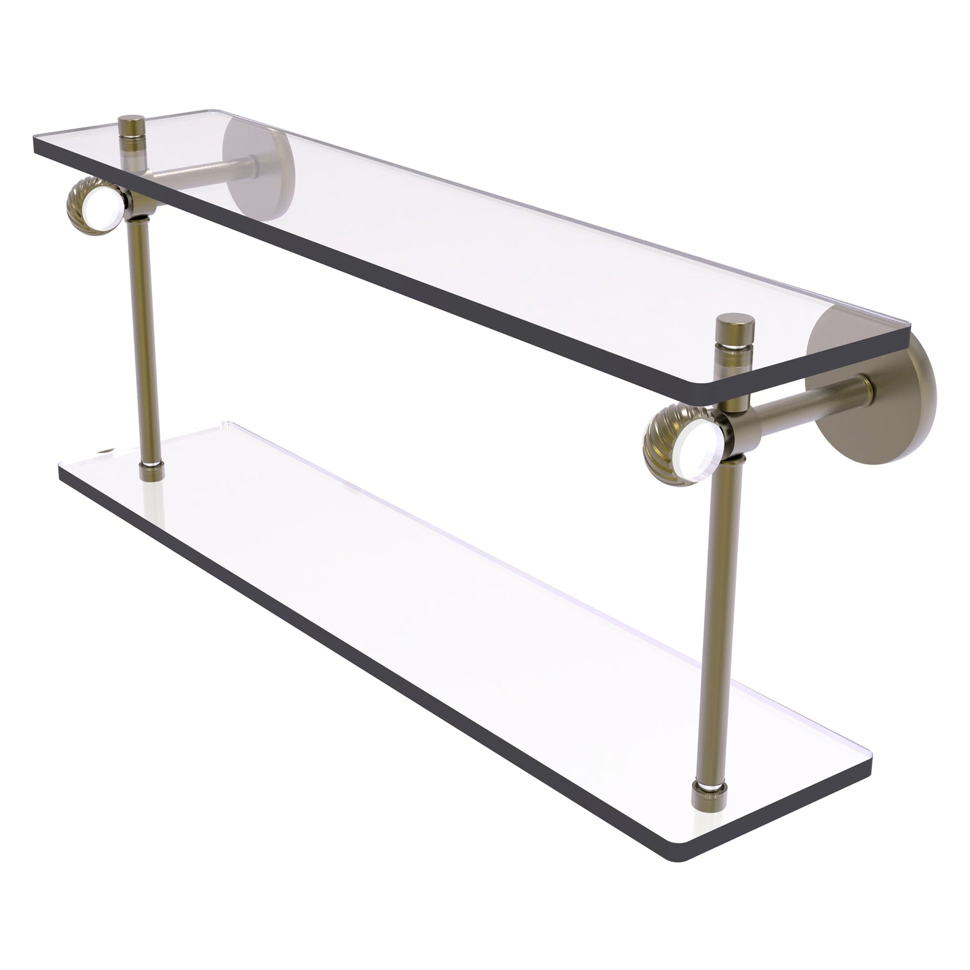 Allied Brass Clearview 16" x 5.6" Antique Brass Solid Brass Two-Tiered Glass Shelf With Twisted Accents