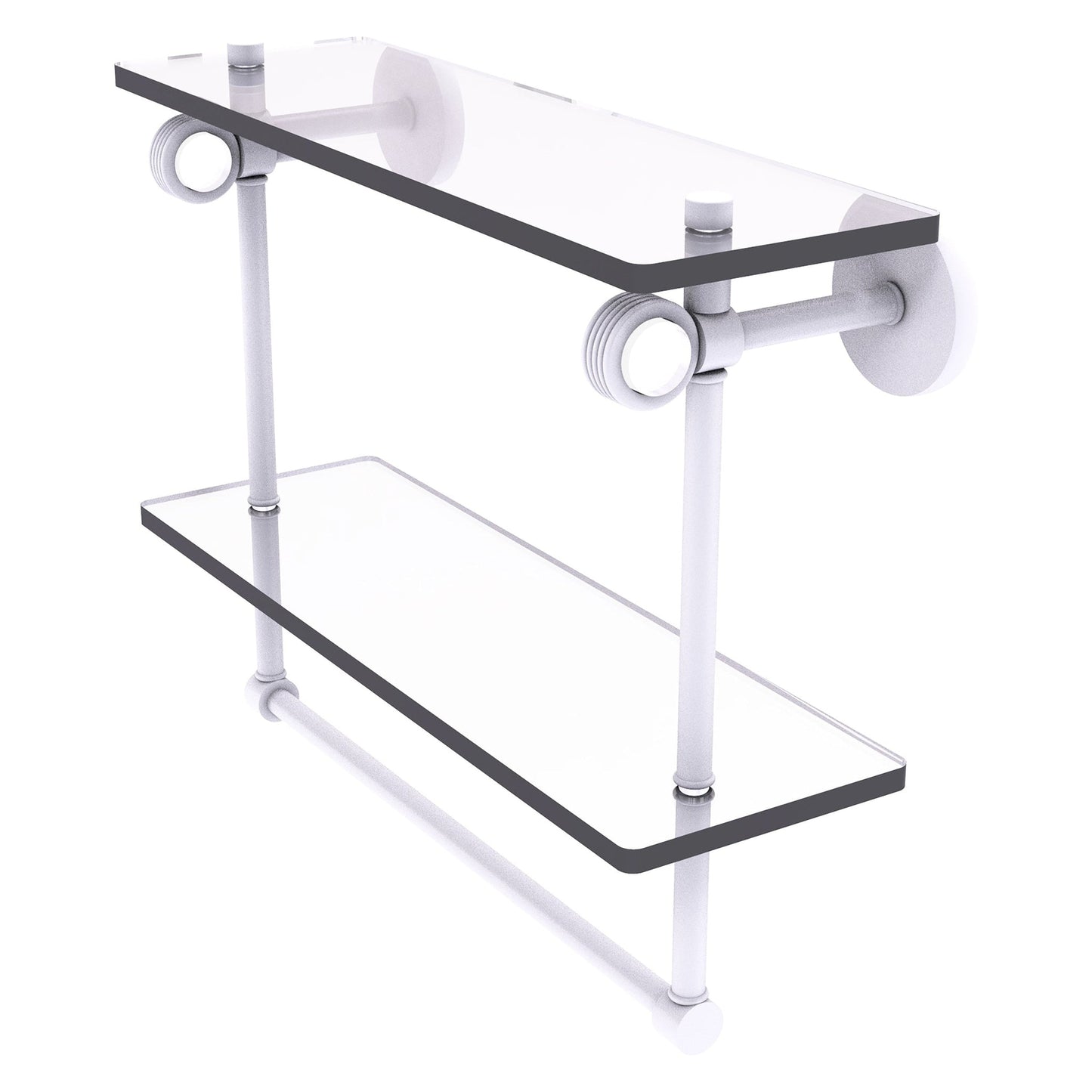 Allied Brass Clearview 16" x 5.6" Matte White Solid Brass Double Glass Shelf With Towel Bar and Grooved Accents