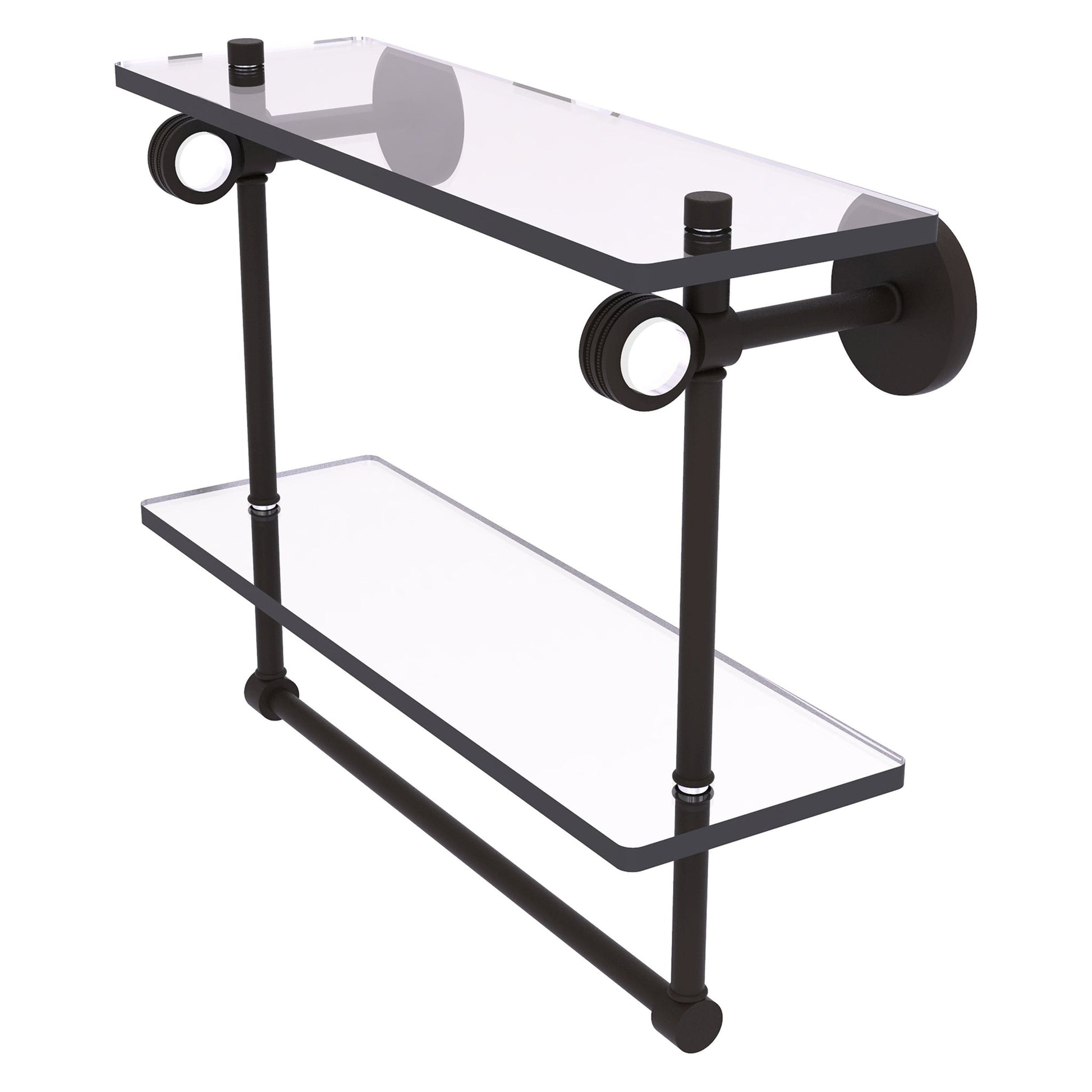 Allied Brass Clearview 16" x 5.6" Oil Rubbed Bronze Solid Brass Double Glass Shelf With Towel Bar and Dotted Accents