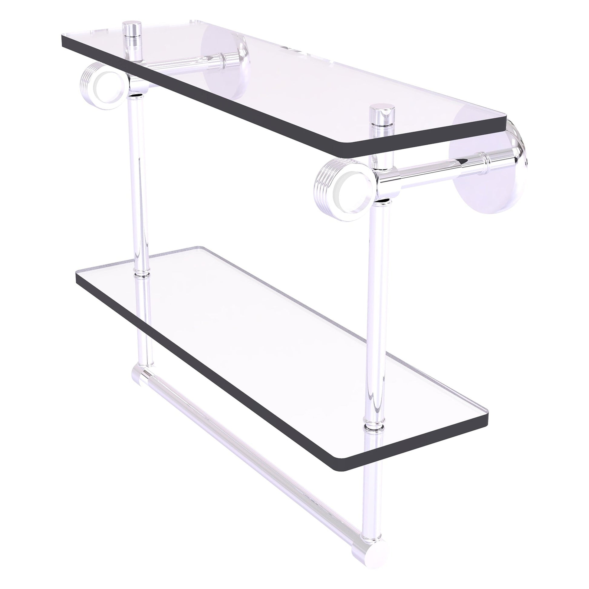 Allied Brass Clearview 16" x 5.6" Polished Chrome Solid Brass Double Glass Shelf With Towel Bar and Grooved Accents
