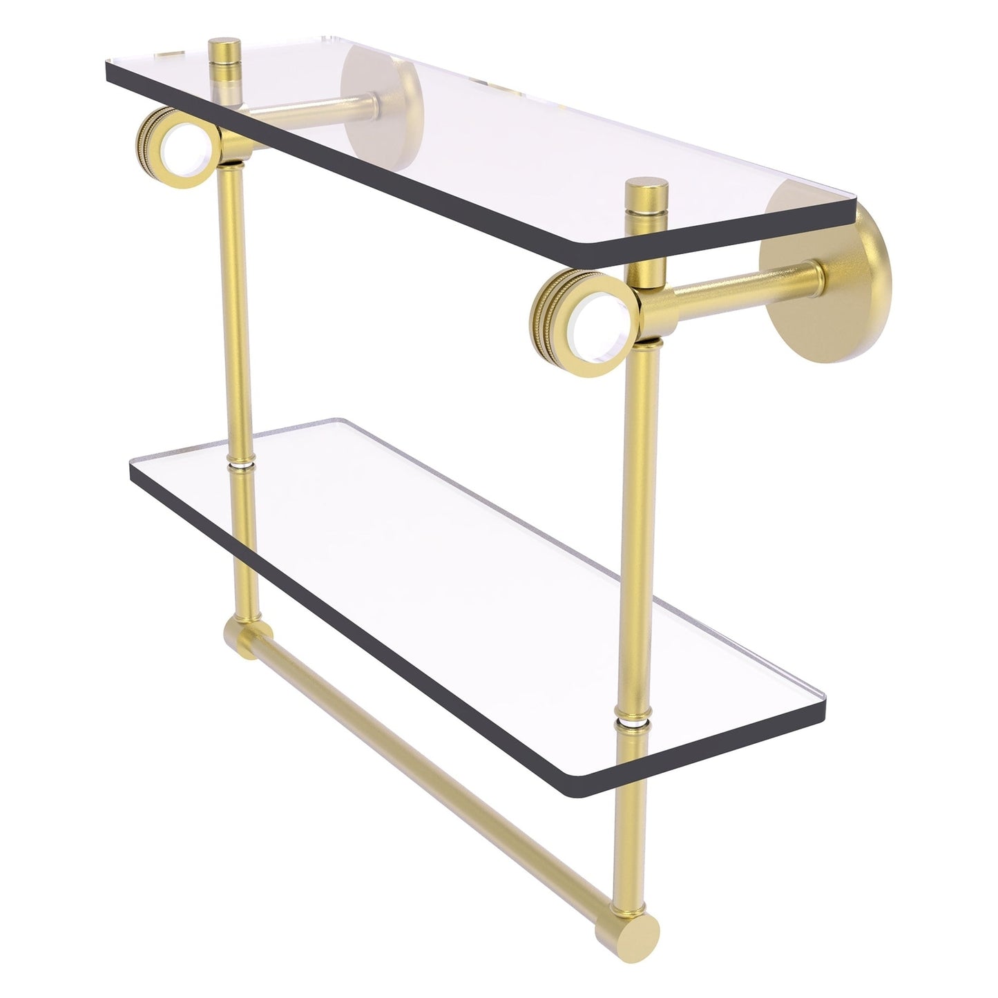 Allied Brass Clearview 16" x 5.6" Satin Brass Solid Brass Double Glass Shelf With Towel Bar and Dotted Accents