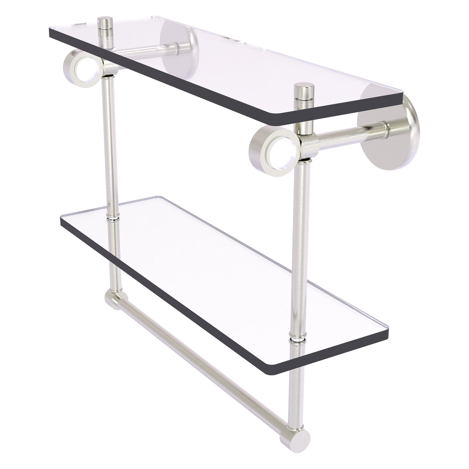 Allied Brass Clearview 16" x 5.6" Satin Nickel Solid Brass Double Glass Vanity Shelf With Integrated Towel Bar