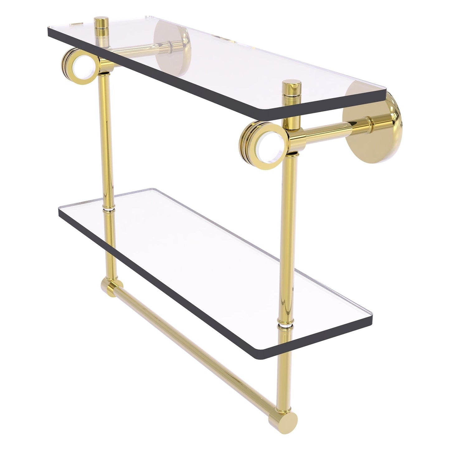 Allied Brass Clearview 16" x 5.6" Unlacquered Brass Solid Brass Double Glass Shelf With Towel Bar and Dotted Accents