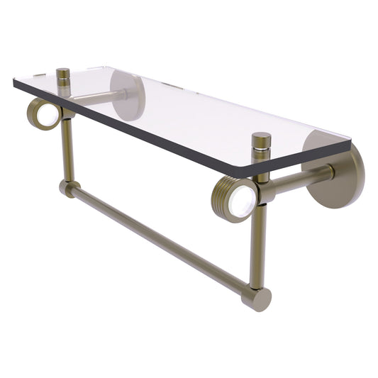 Allied Brass Clearview 16" x 5.65" Antique Brass Solid Brass Glass Shelf With Towel Bar and Grooved Accents