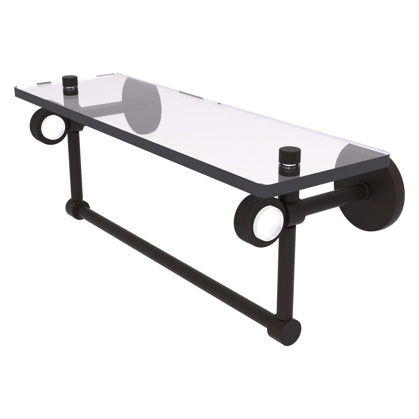 Allied Brass Clearview 16" x 5.65" Oil Rubbed Bronze Solid Brass Glass Shelf With Towel Bar and Grooved Accents