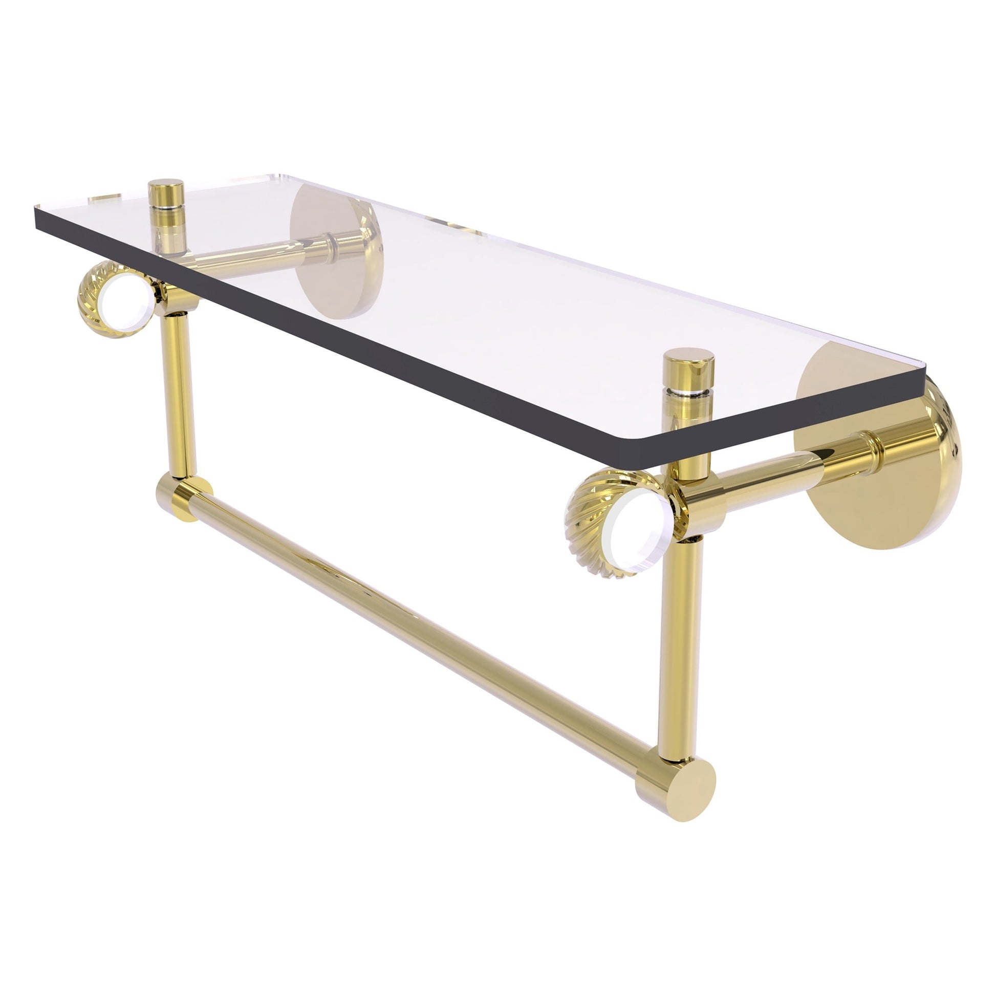 Allied Brass Clearview 16" x 5.65" Unlacquered Brass Solid Brass Glass Shelf With Towel Bar and Twisted Accents