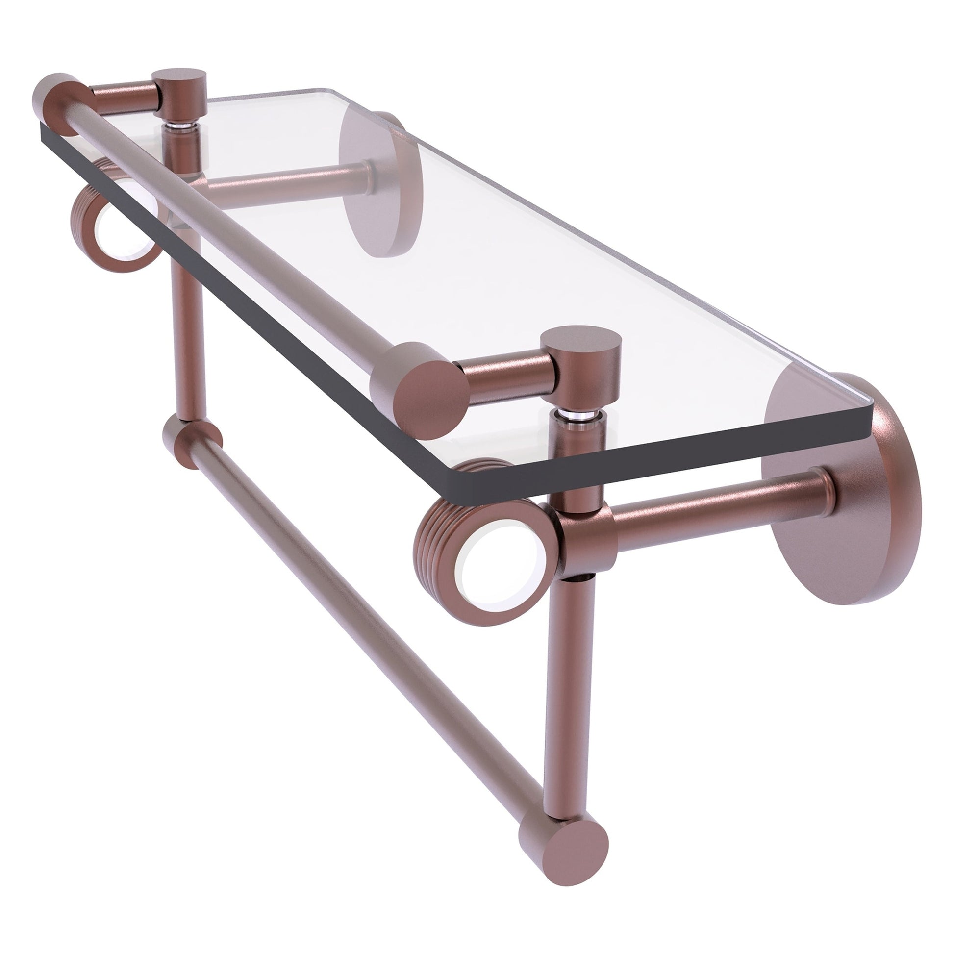 Allied Brass Clearview 16" x 5.8" Antique Copper Solid Brass Glass Gallery Shelf With Towel Bar and Grooved Accents