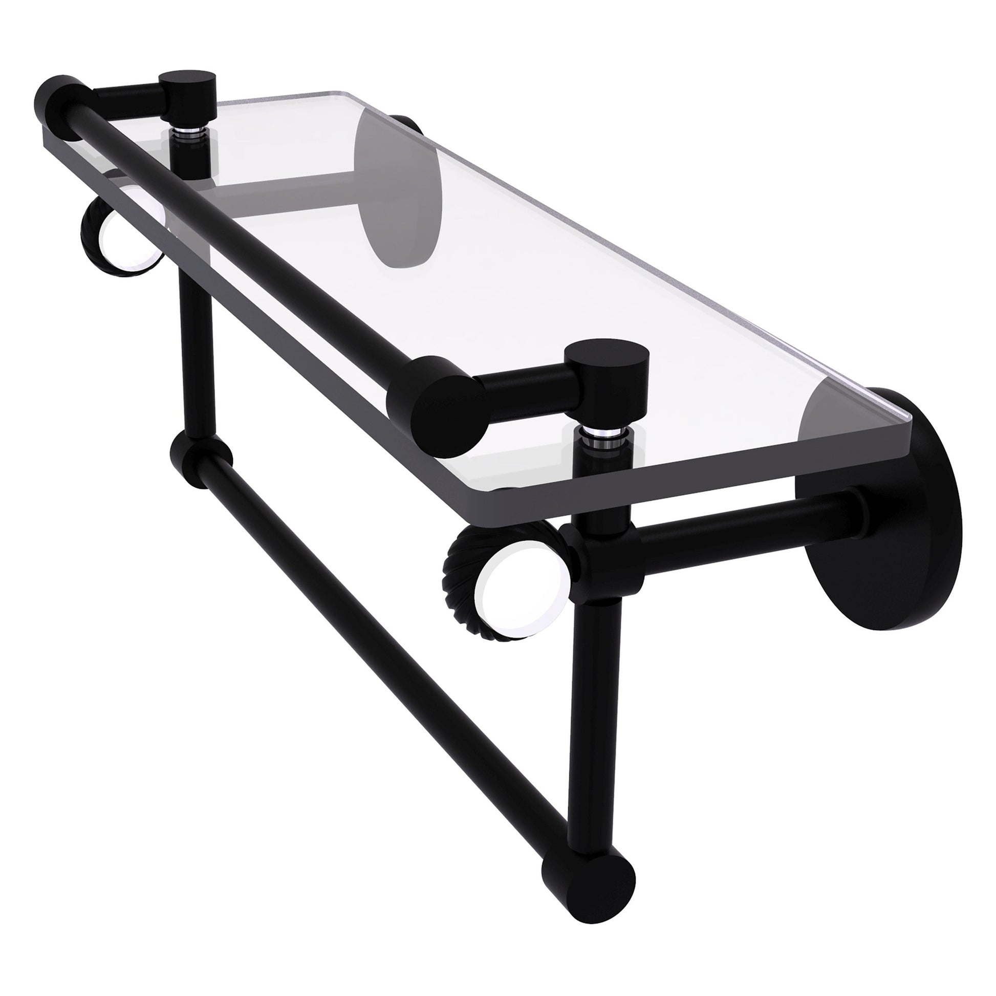 Allied Brass Clearview 16" x 5.8" Matte Black Solid Brass Glass Gallery Shelf With Towel Bar and Twisted Accents