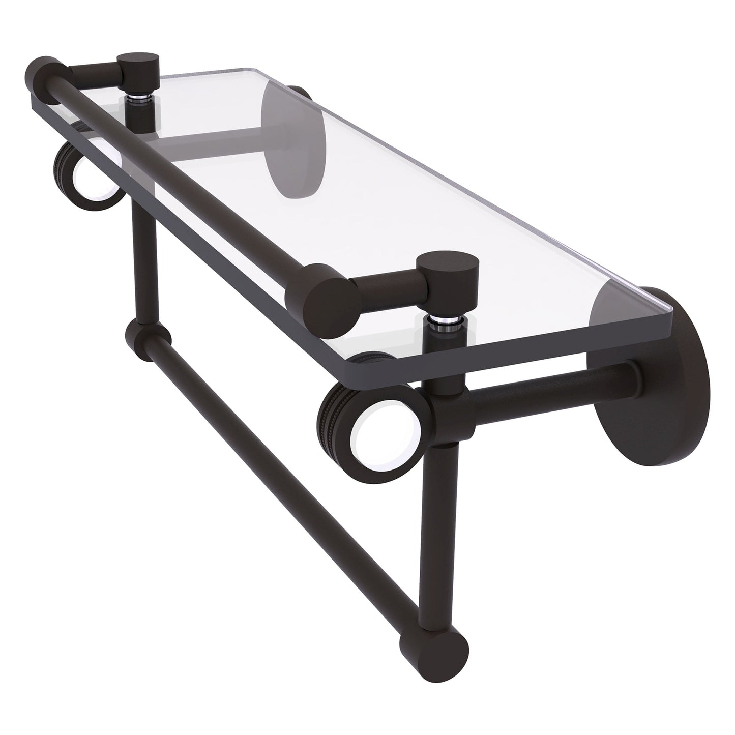 Allied Brass Clearview 16" x 5.8" Oil Rubbed Bronze Solid Brass Glass Gallery Shelf With Towel Bar and Dotted Accents