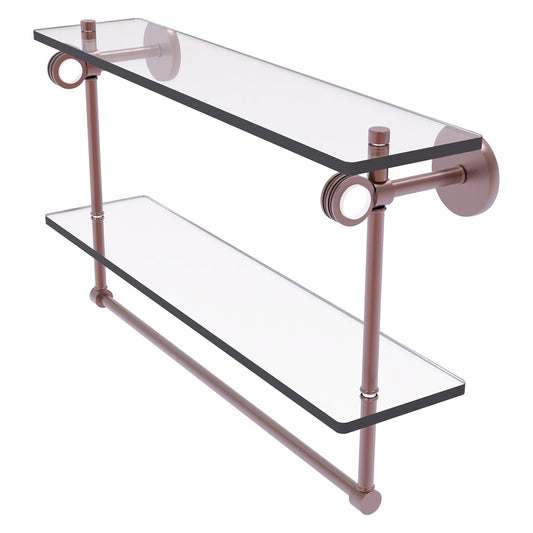 Allied Brass Clearview 22" x 5.6" Antique Copper Solid Brass Double Glass Shelf With Towel Bar and Dotted Accents