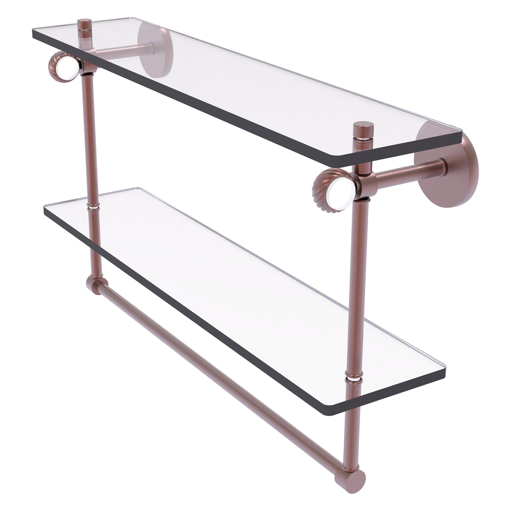Allied Brass Clearview 22" x 5.6" Antique Copper Solid Brass Double Glass Shelf With Towel Bar and Twisted Accents